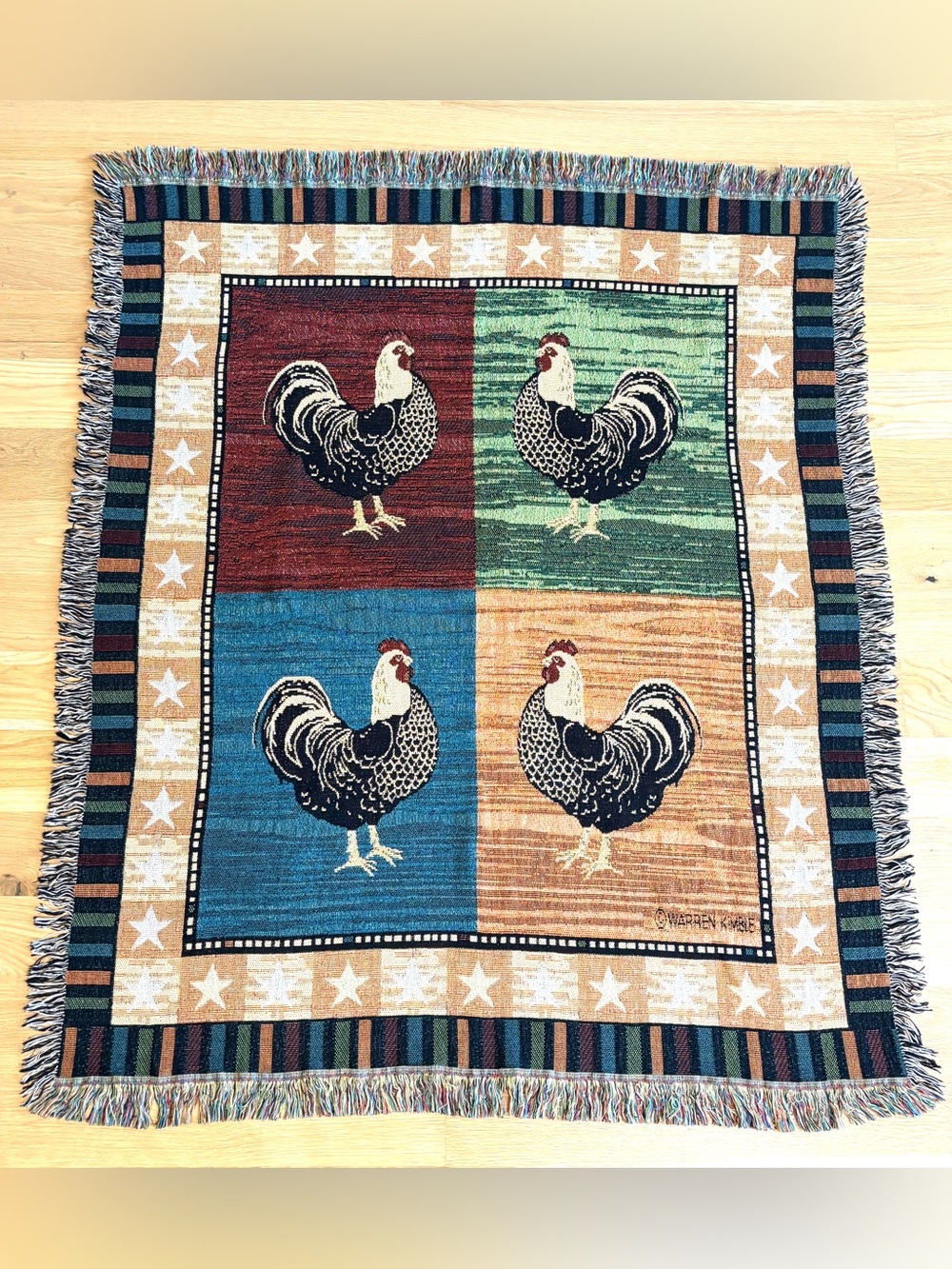 Warren Kimble Hen Rooster Chicken Farmhouse Country Folk Art Tapestry Throw
